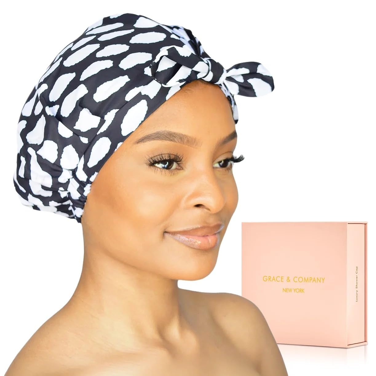 GRACE & COMPANY Casablanca shower cap close-up fabric shows breathable waterproof material for hair protection