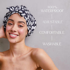 GRACE & COMPANY Casablanca model wearing cap—hair stays dry during humid showers.