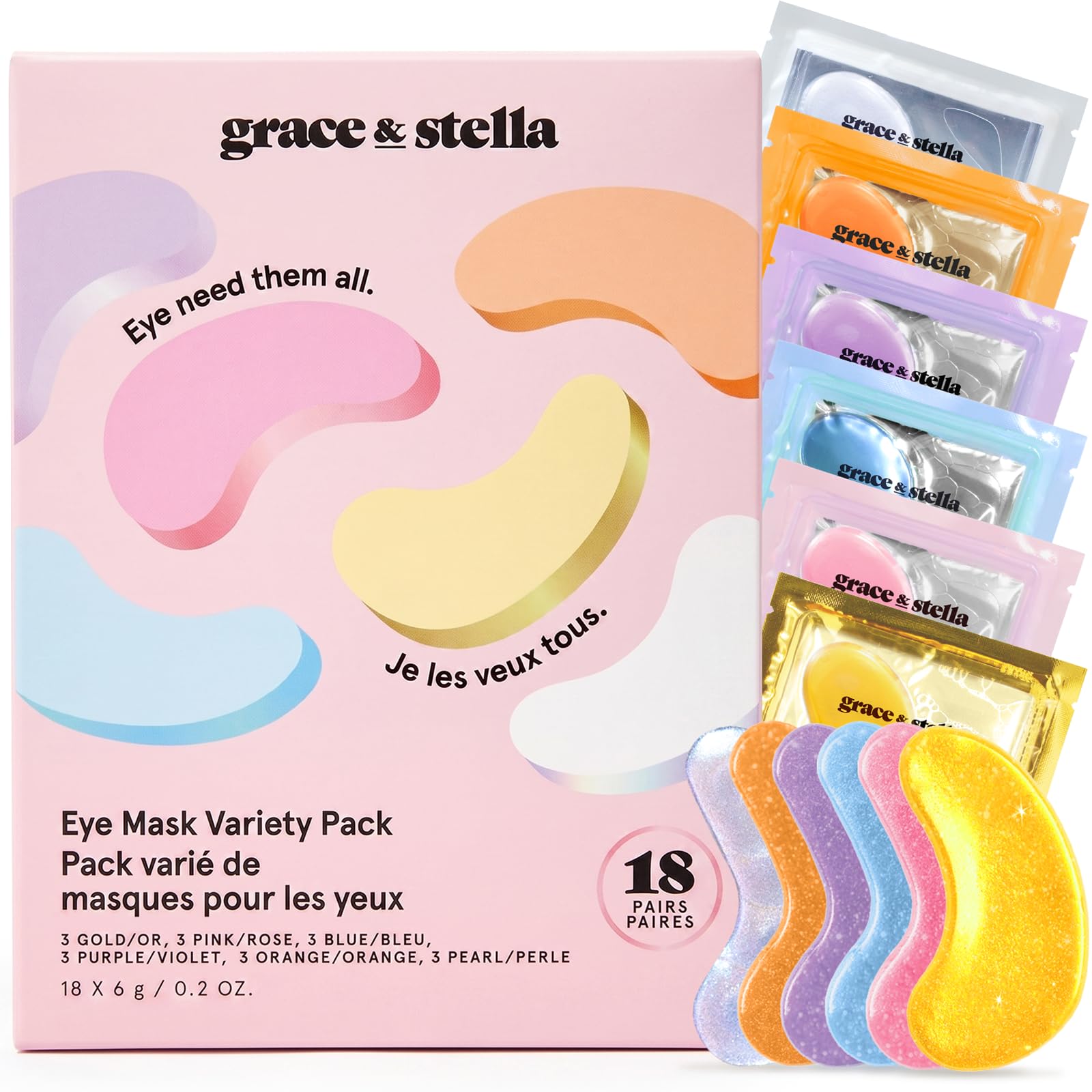 grace & stella front of box showing six colorful under eye patch types and branding benefits