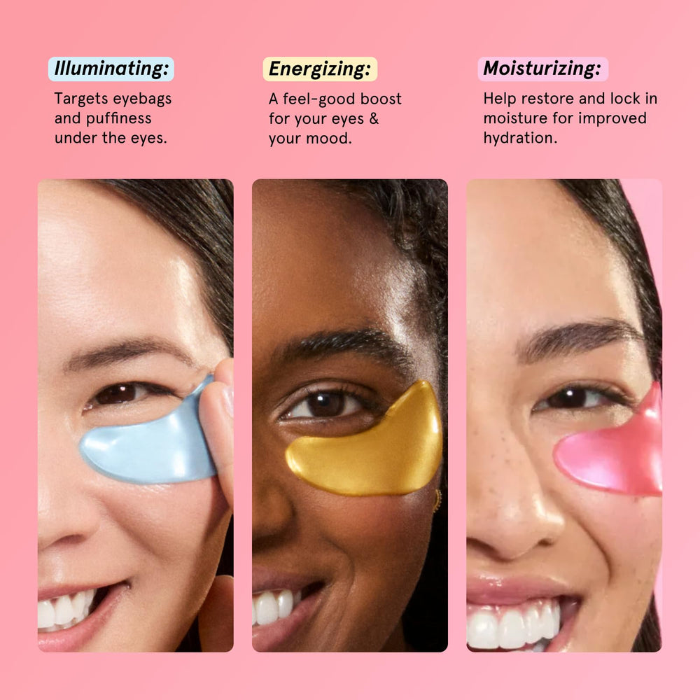 grace & stella patches applied under eyes on model showing de-puffing and brightening effect