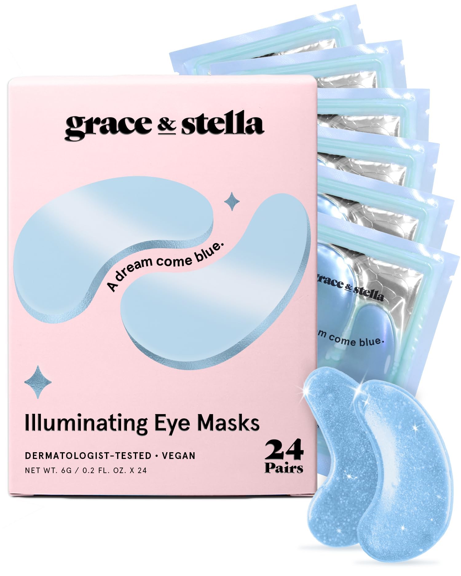 Grace & Stella blue under-eye patches energize tired eyes with cooling hydration.
