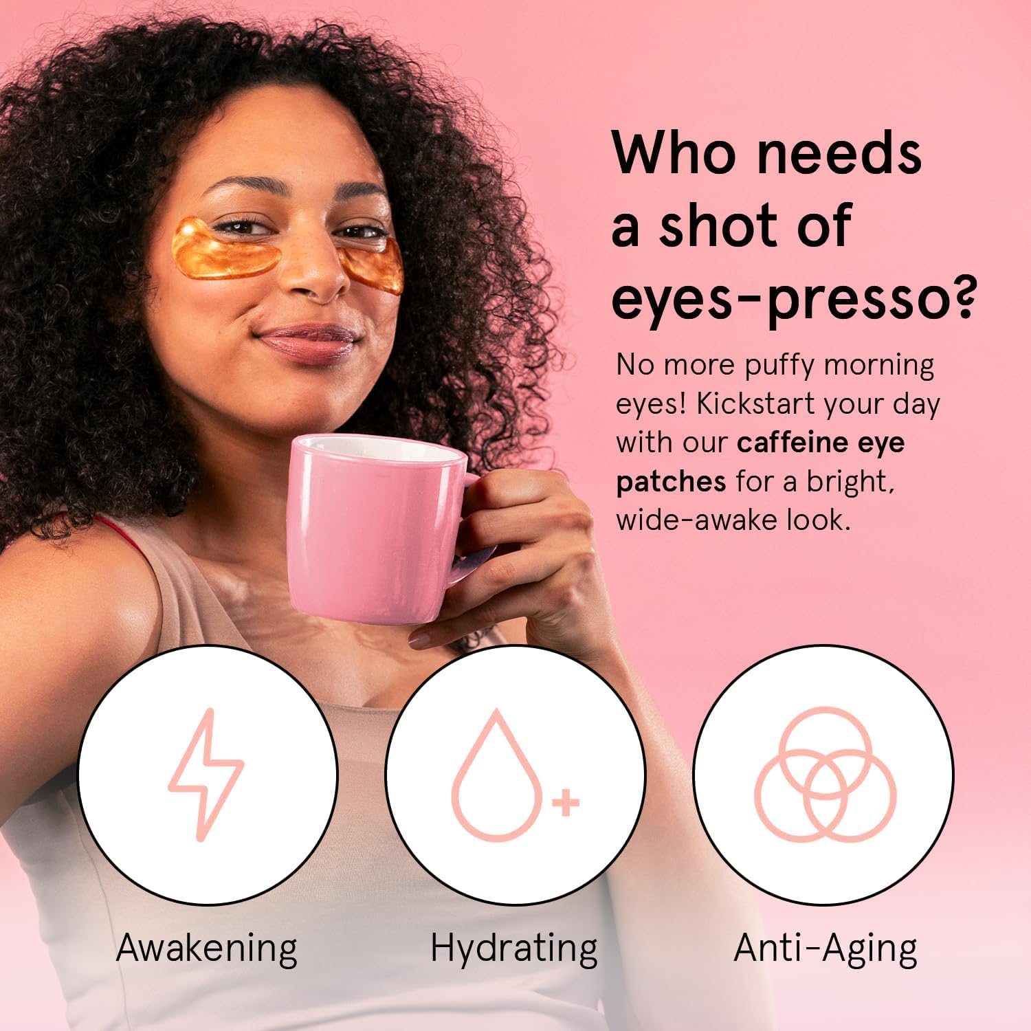 Grace & Stella caffeine under-eye patches applying under-eye to reduce puffiness.