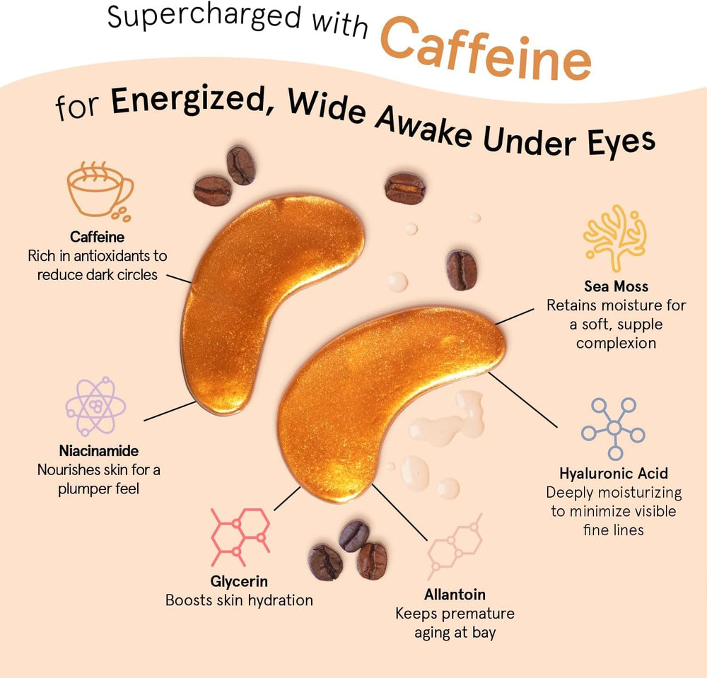 Grace & Stella caffeine under-eye patches hydration closeup showing niacinamide and hyaluronic acid for deep hydration.