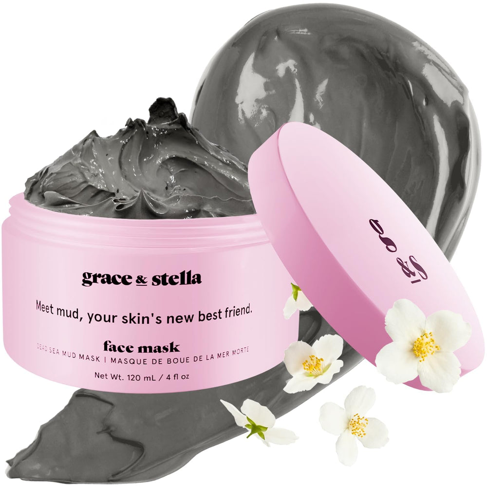 Grace & Stella Dead Sea Mud Mask 120ml open jar reveals detoxifying clay for clearer pores.
