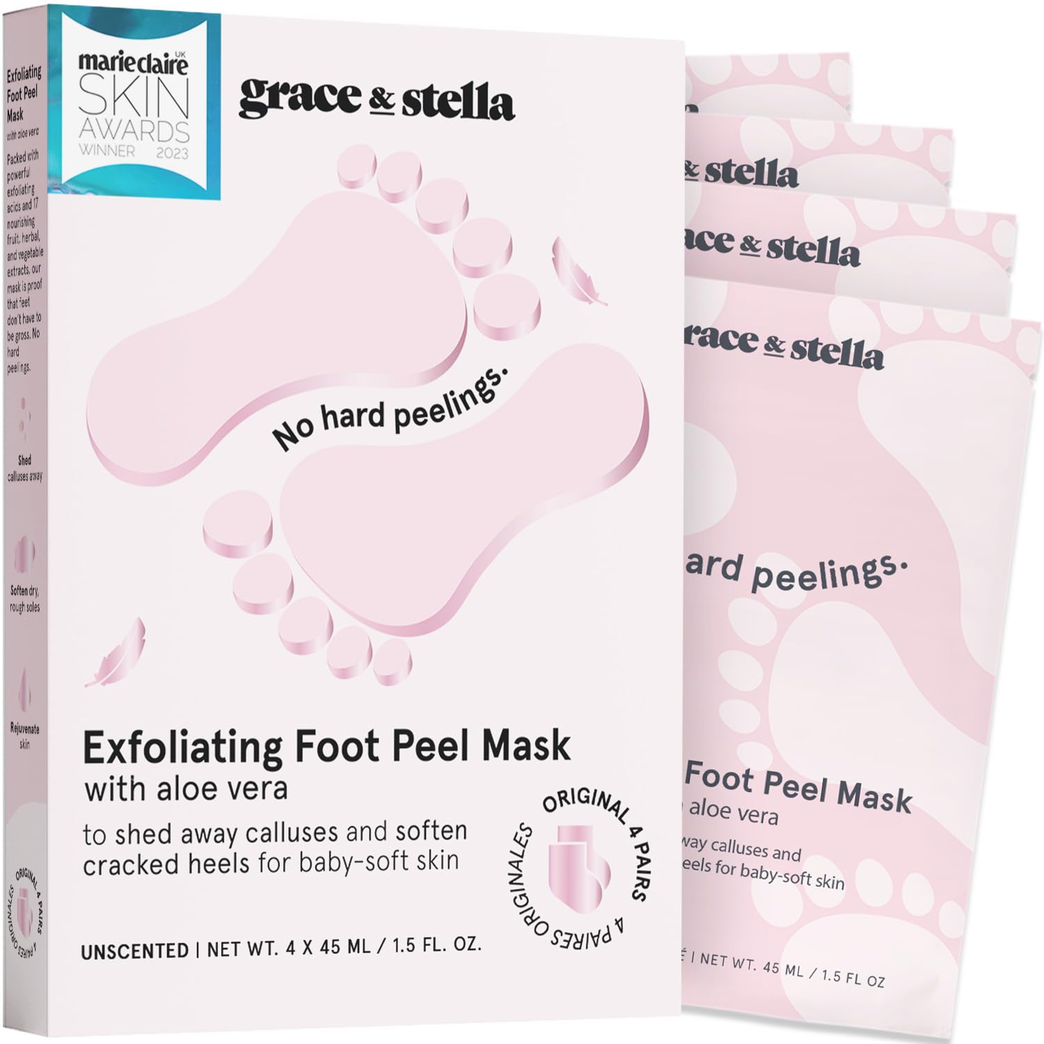 Grace & Stella foot peel mask box front highlights award-winning vegan formula for smoother feet.