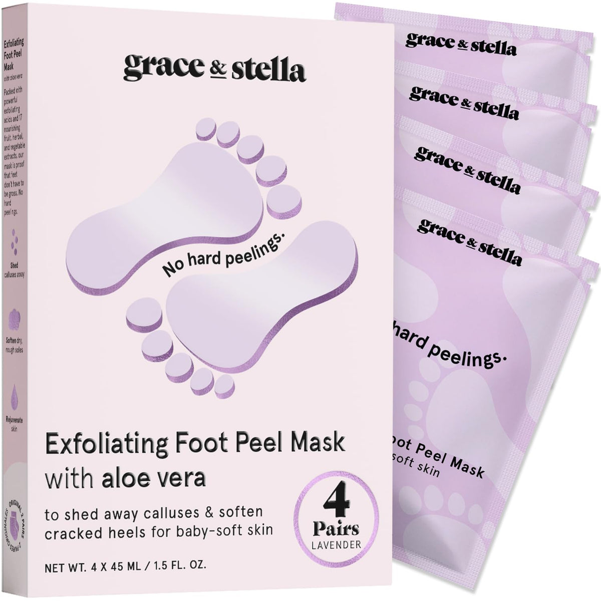 grace & stella foot peel mask lavender packaging illustrates a calming at-home pedicure ritual