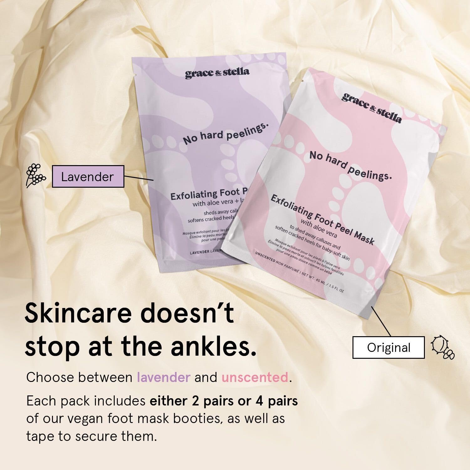 Grace & Stella foot peel result scene shows softened, refreshed soles after treatment.