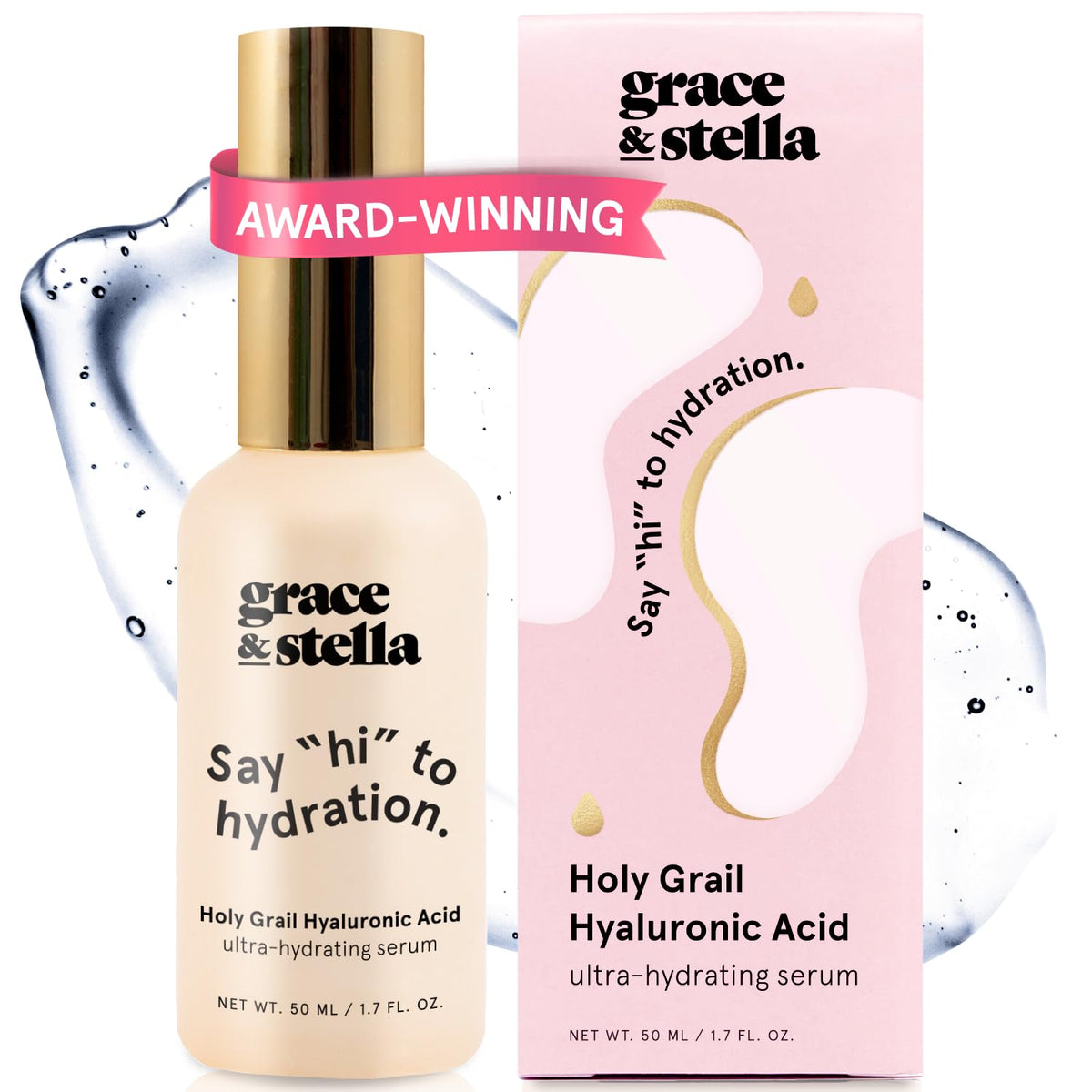 Grace & Stella Hyaluronic Serum bottle close-up promoting hydration for glowing skin.