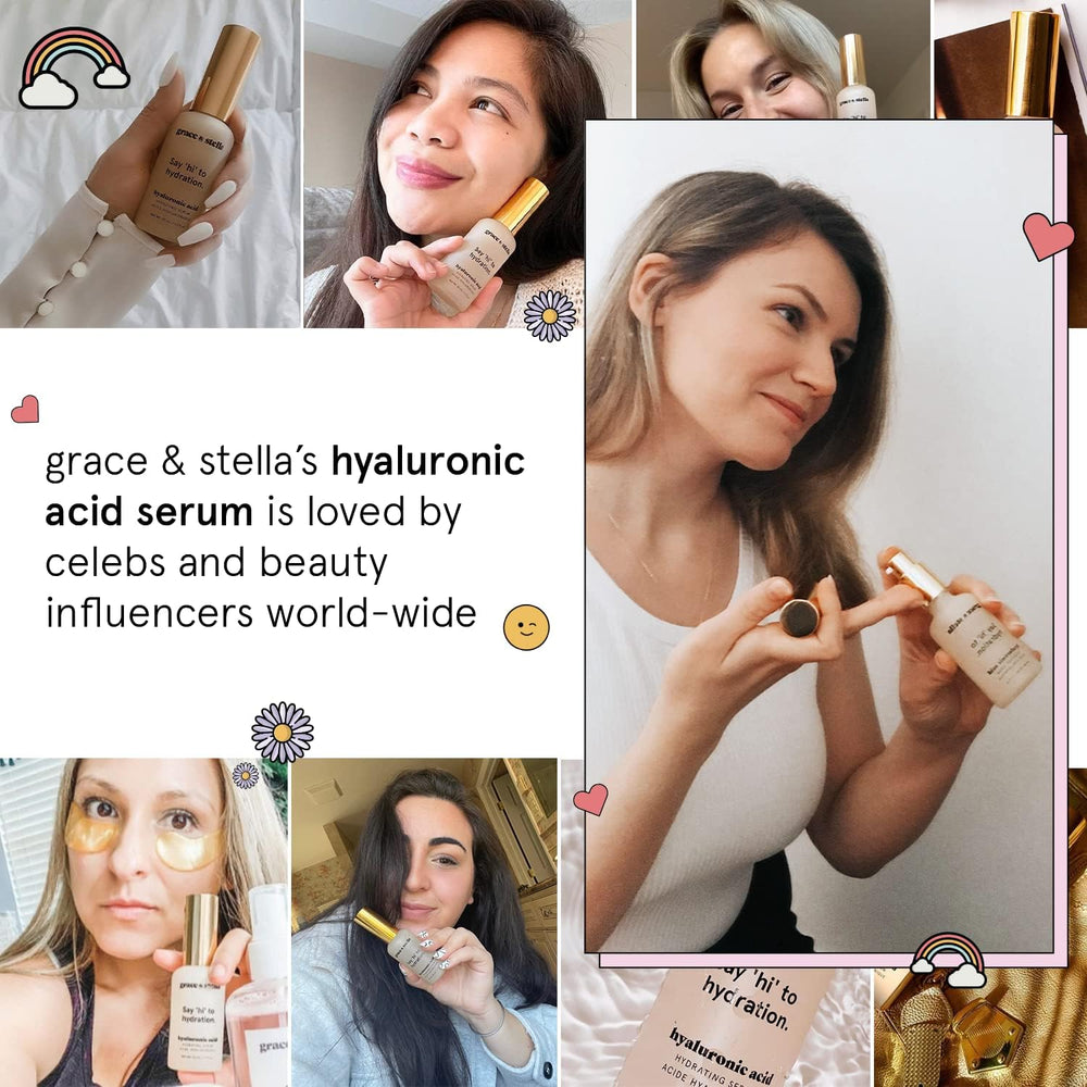 Grace & Stella Hyaluronic Serum packaging highlights vegan, paraben-free formula.