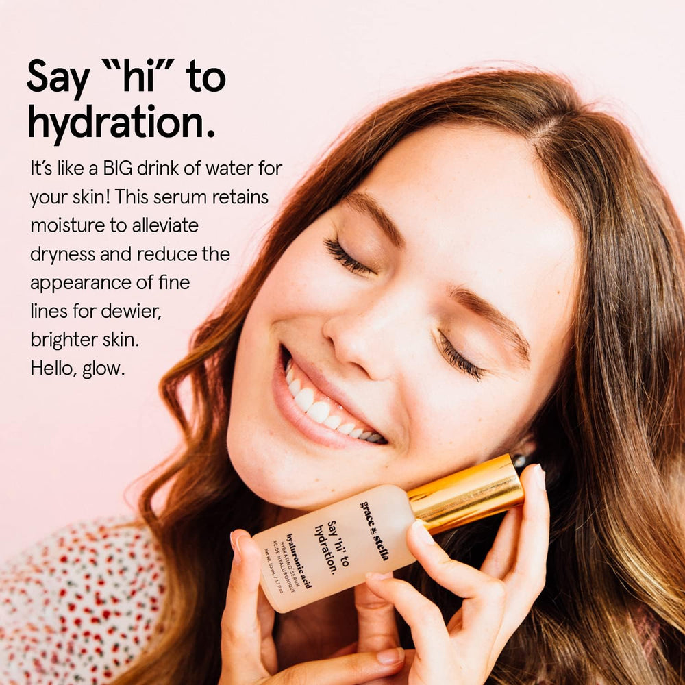 Grace & Stella Hyaluronic Serum pump dispense in a clean setup for easy daily hydration.