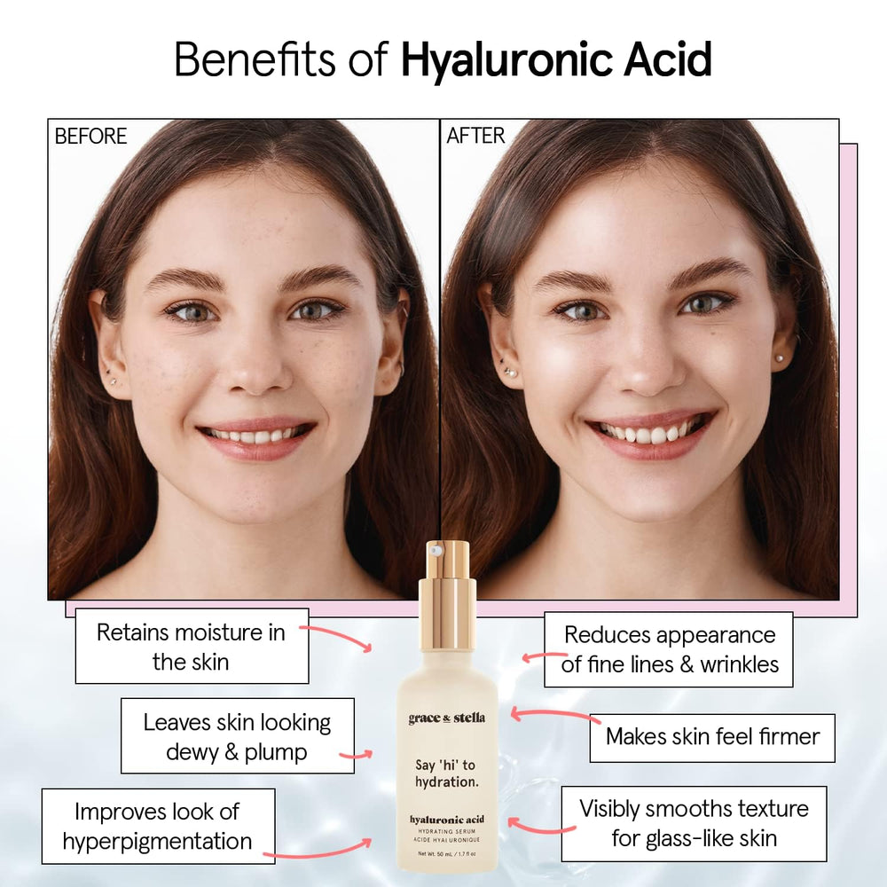 Grace & Stella Hyaluronic Serum texture shows lightweight, fast-absorbing hydration on the skin.