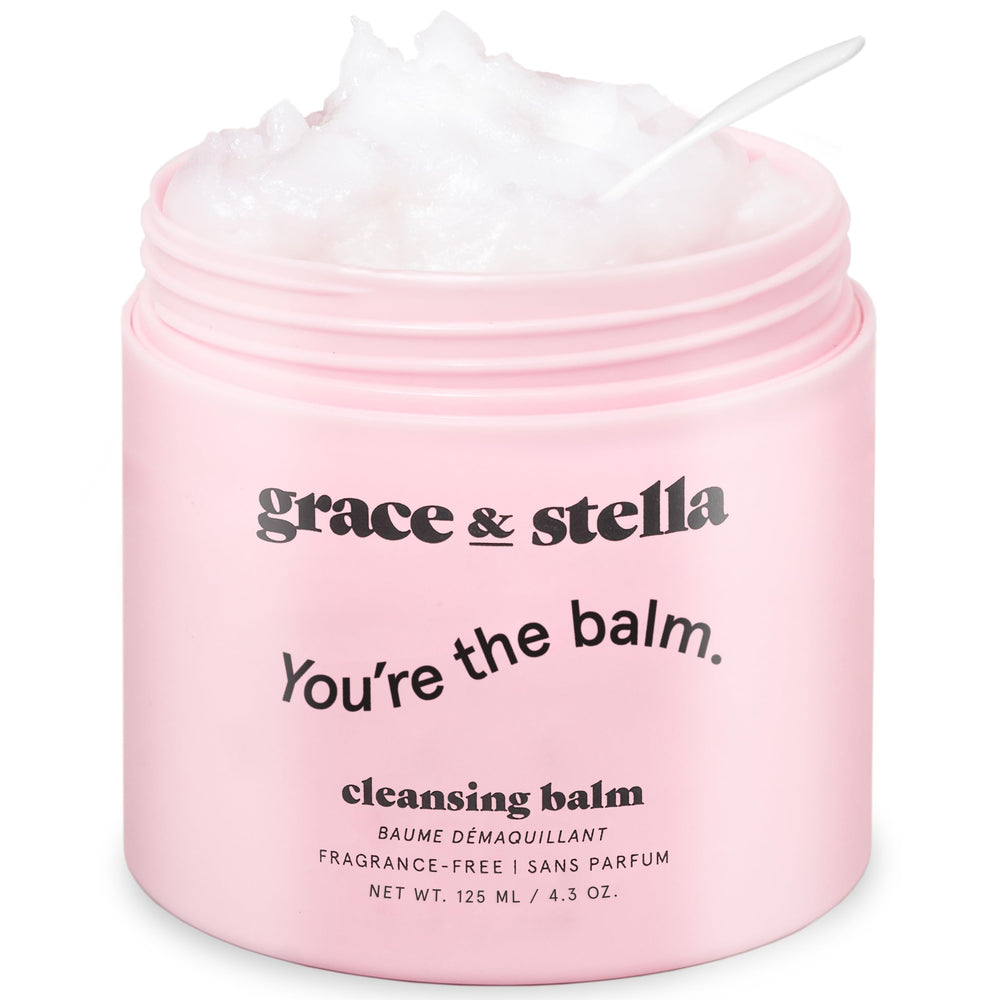 Grace & Stella makeup remover balm jar showing creamy texture for gentle cleansing.