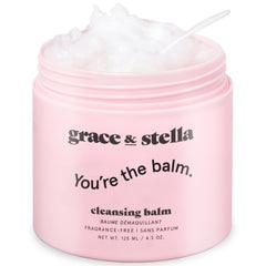 Grace & Stella makeup remover balm jar showing creamy texture for gentle cleansing.