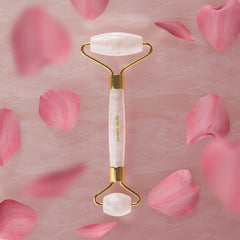 Grace & Stella Rose Quartz Roller in use demonstrates soothing under-eye massage and puffiness reduction.