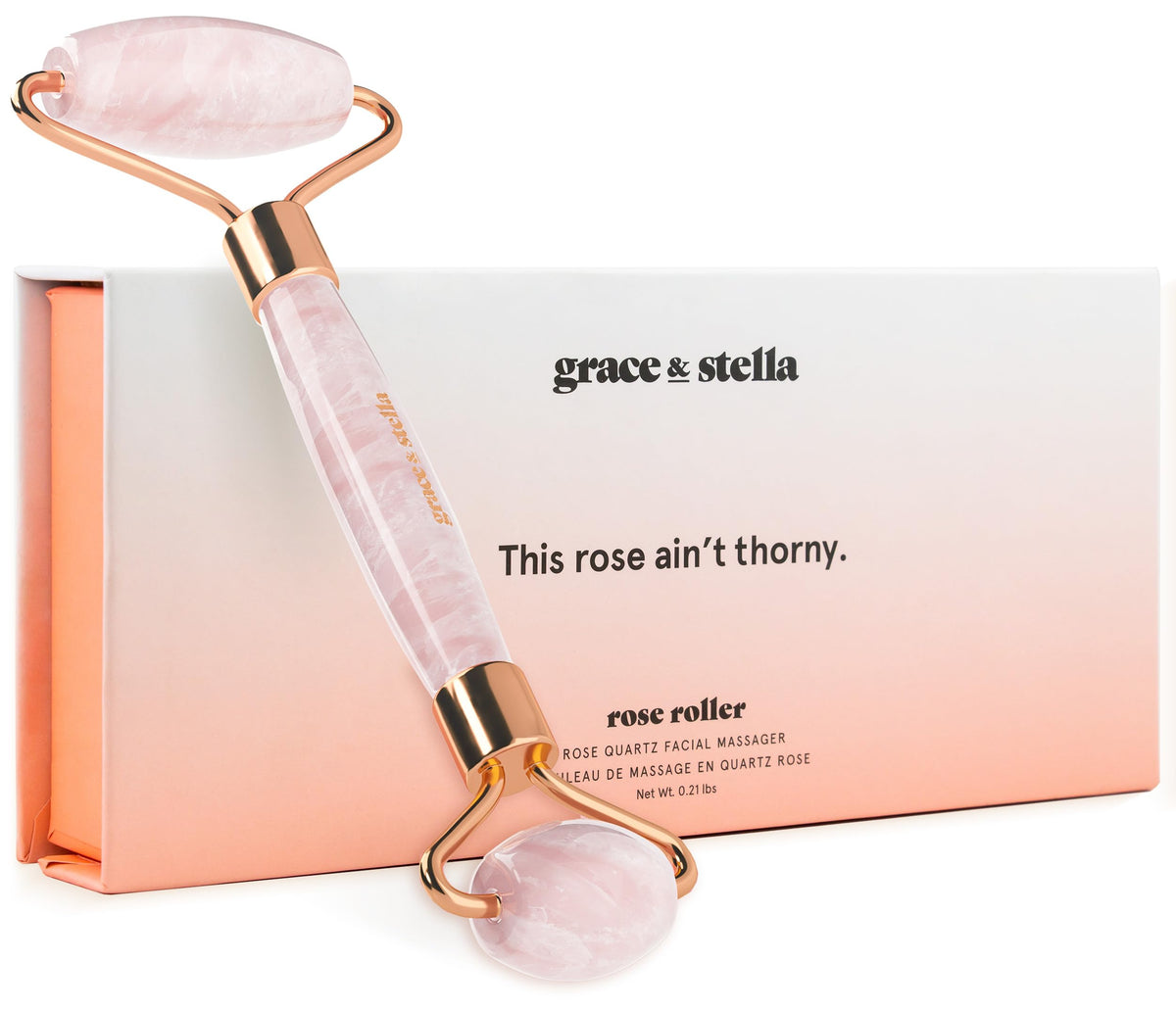 Grace & Stella Rose Quartz Roller close-up for soothing facial massage and cooling sensation.