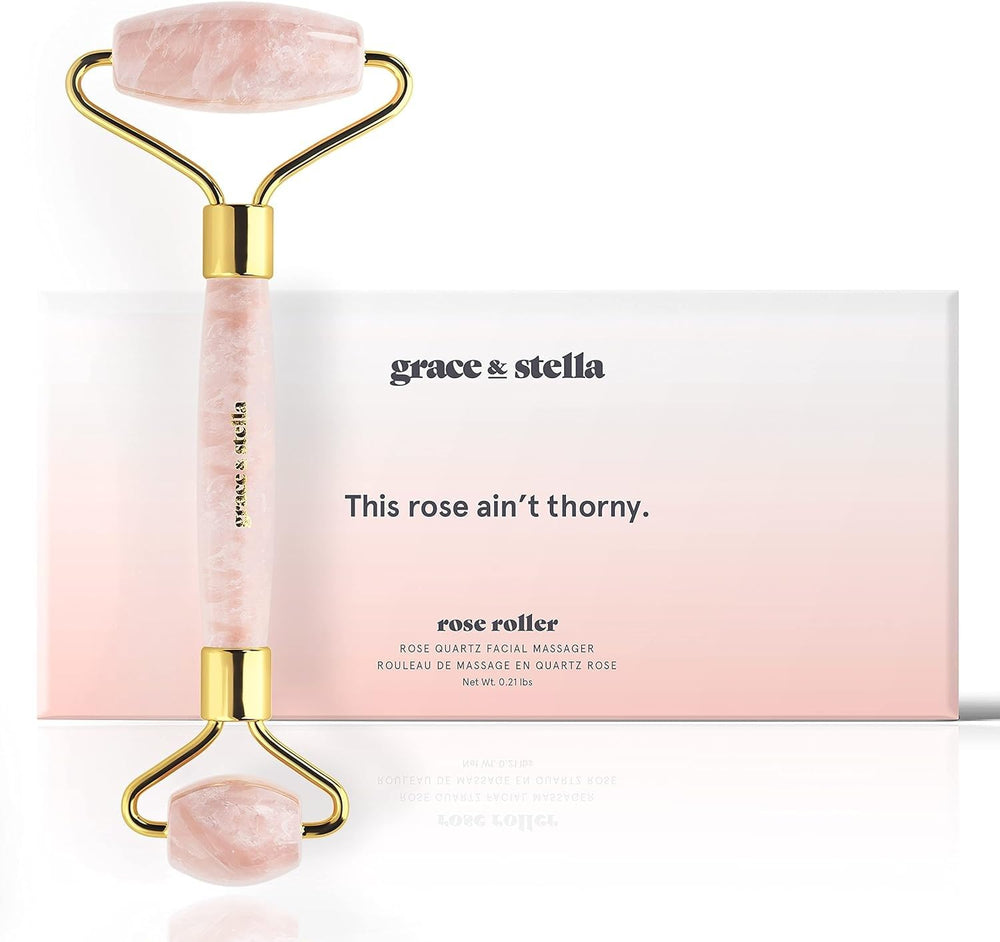 Grace & Stella Rose Quartz Roller on a counter showing an easy, everyday facial massage routine.