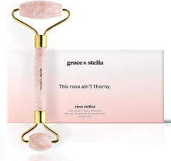 Grace & Stella Rose Quartz Roller on a counter showing an easy, everyday facial massage routine.