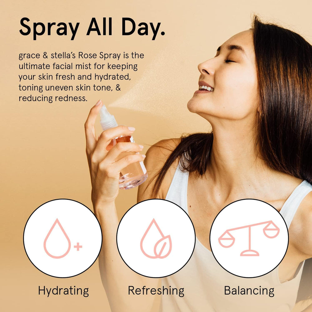 Grace & Stella rose water face mist being sprayed for dewy glow.