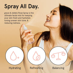 Grace & Stella rose water face mist being sprayed for dewy glow.