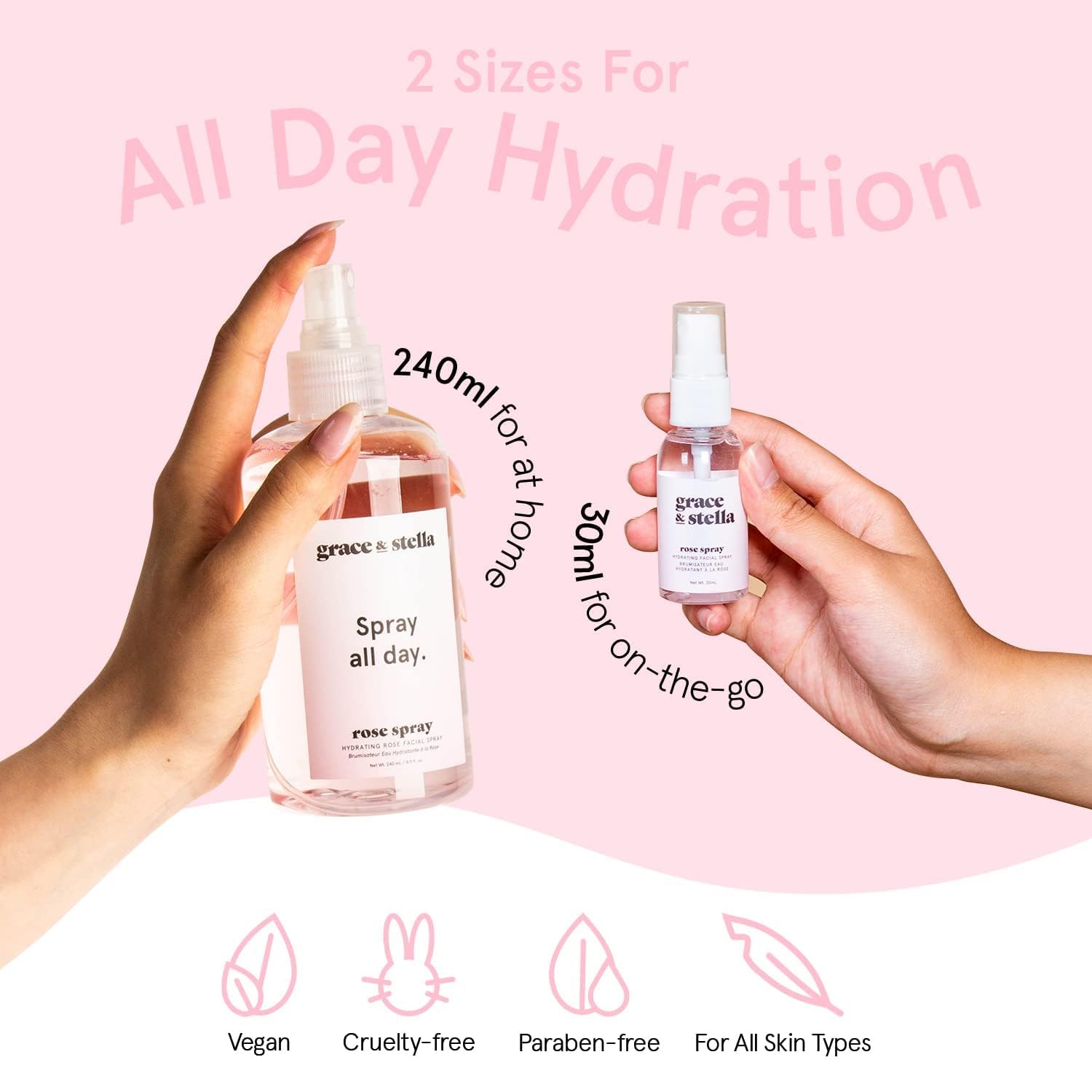Grace & Stella rose water hyaluronic-acid formula boosts hydrated glow.