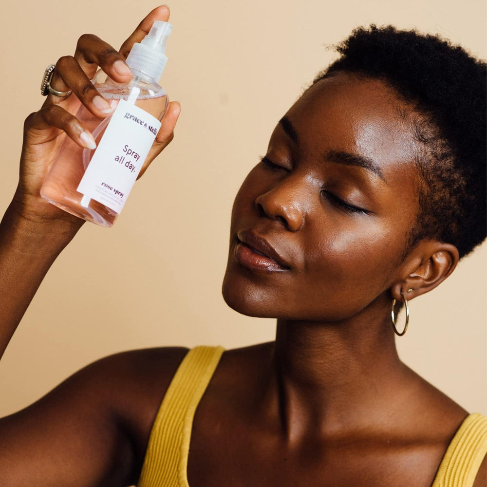 Grace & Stella rose water makeup-setting-use demonstrates long-lasting finish.