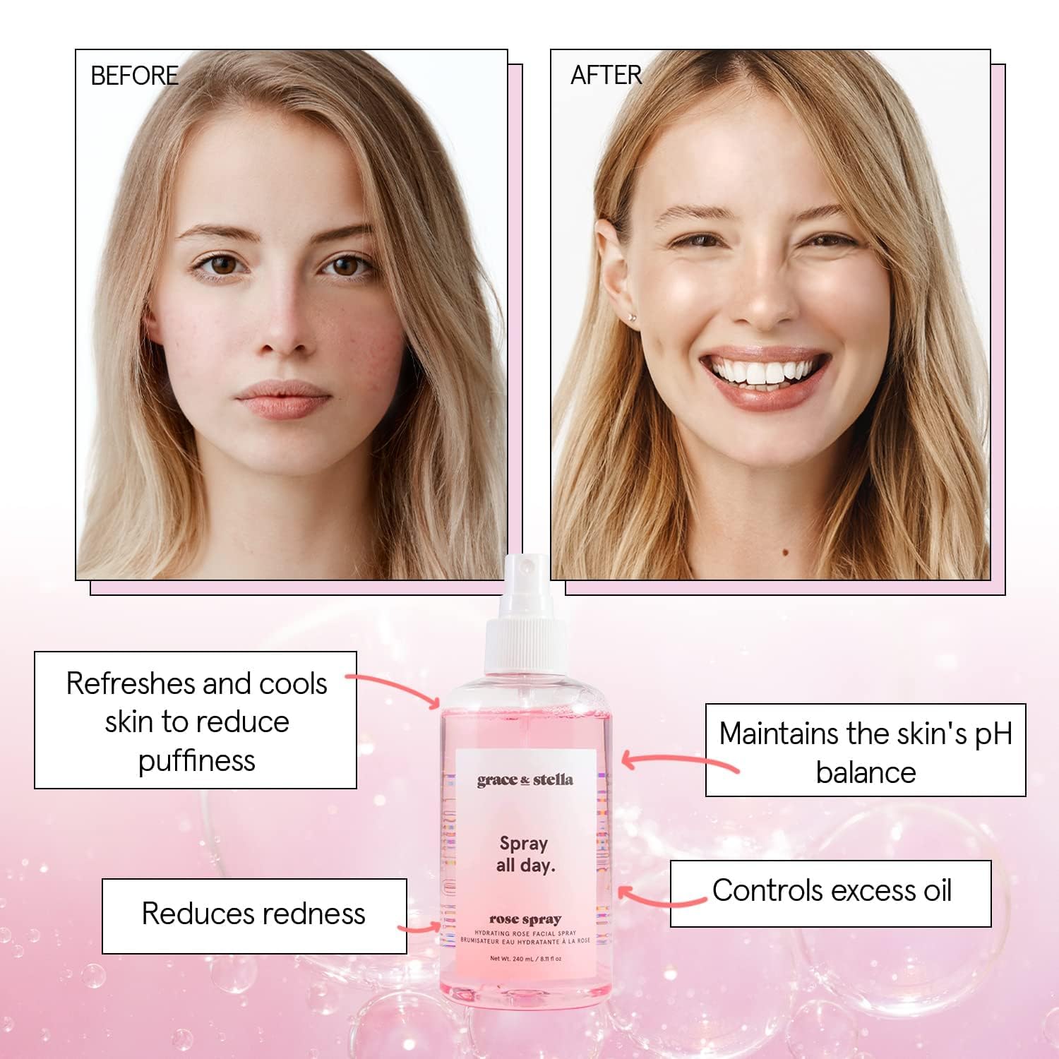 Grace & Stella rose water pump-dispense makes easy daily application.