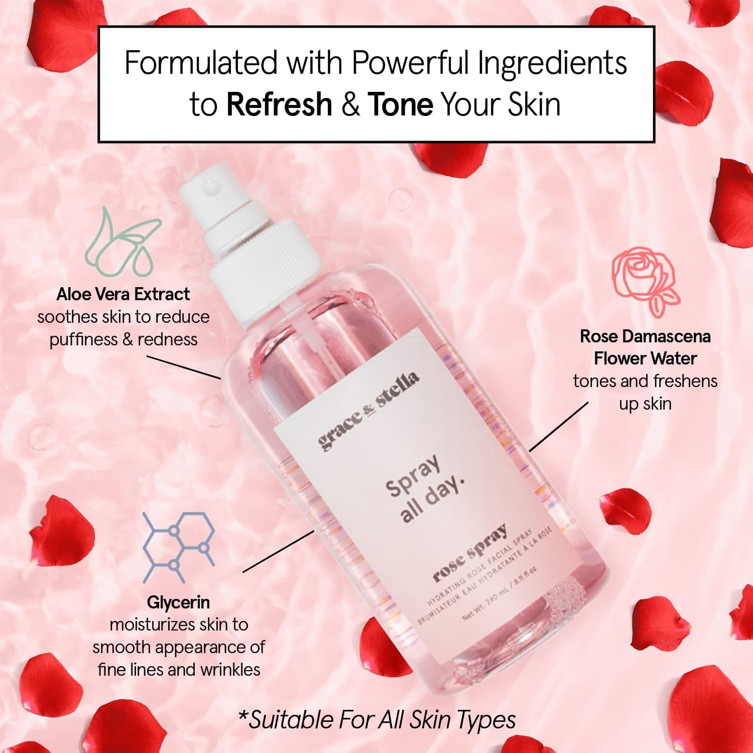 Grace & Stella rose water rose-petals closeup highlights natural fragrance.