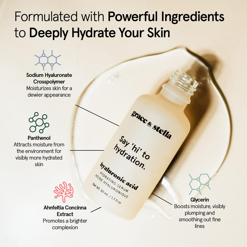 Grace & Stella luxurious serum on bathroom shelf with glow after routine.