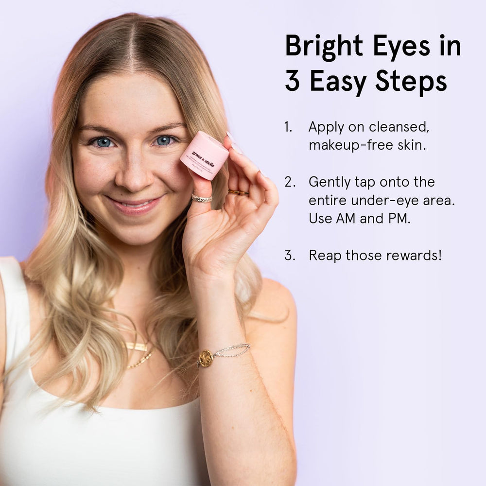 Grace & Stella under-eye-cream dab application demonstrates careful, hydrating under-eye care.