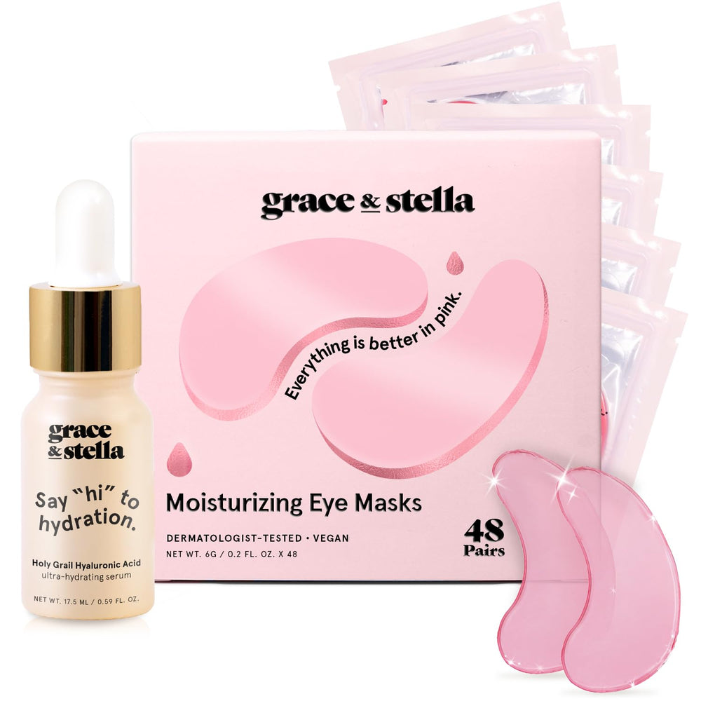 Grace & Stella under-eye mask patches in pink packaging for a calming routine.