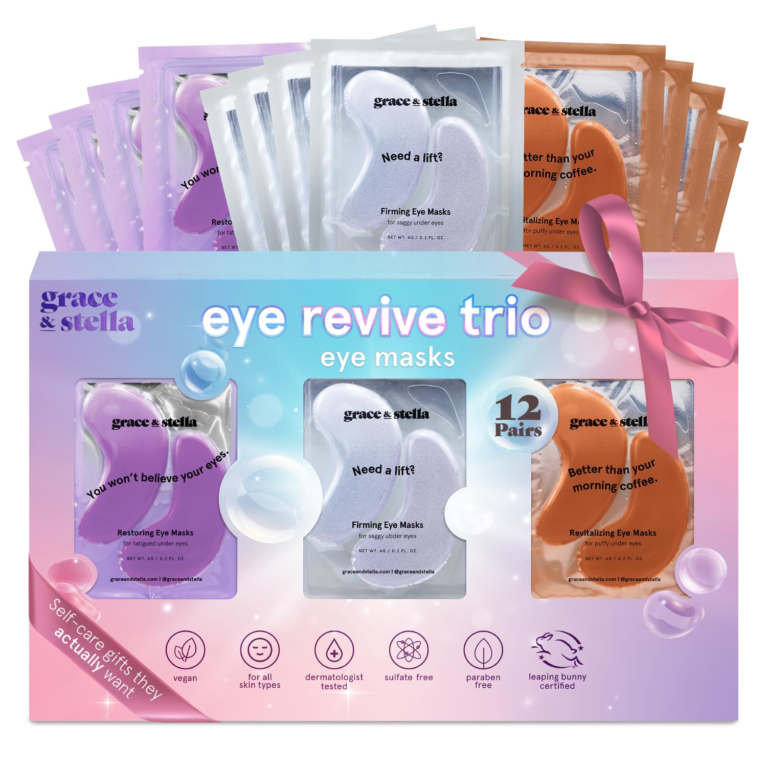 Grace & Stella under-eye patches box close-up for brightening and puffiness relief.