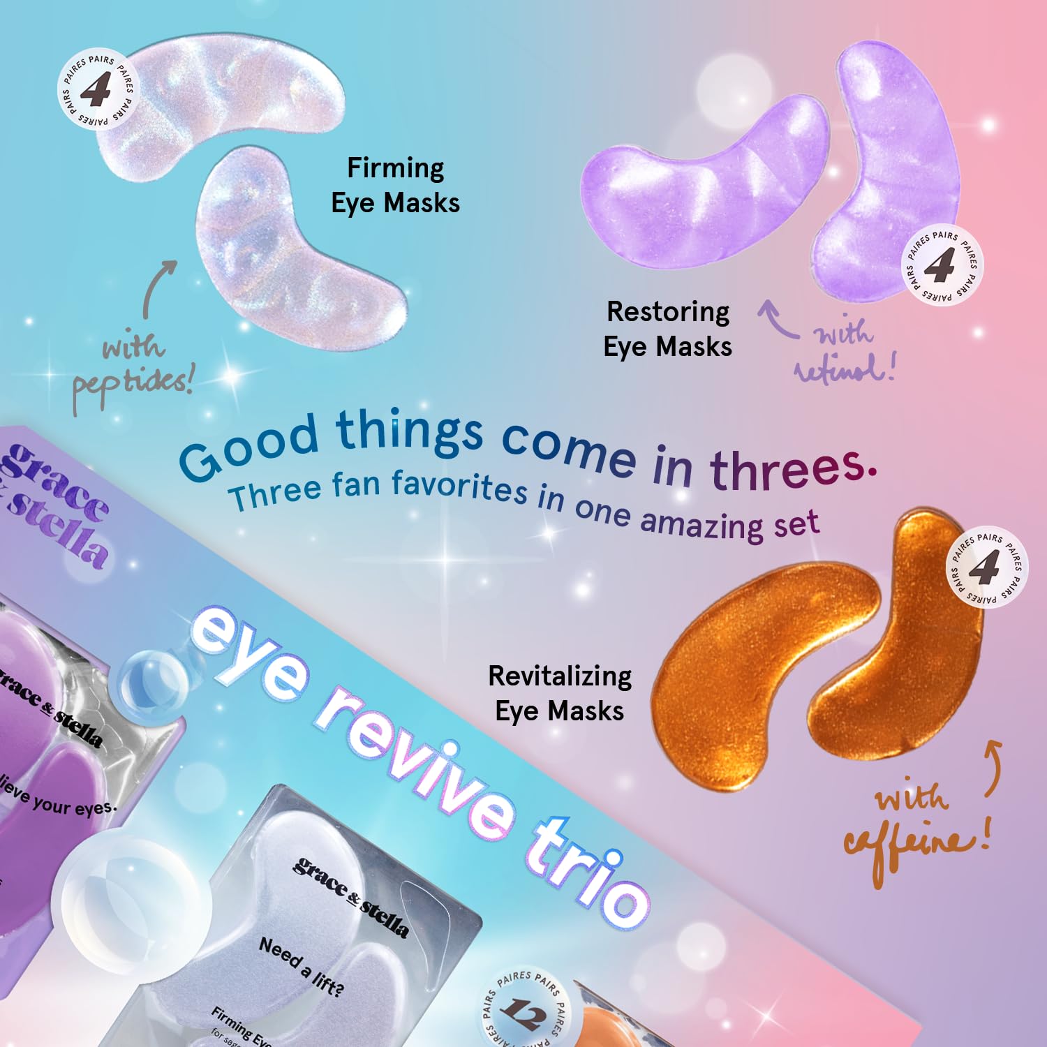 Grace & Stella eye patches close-up highlighting sea moss and ceramide ingredients.