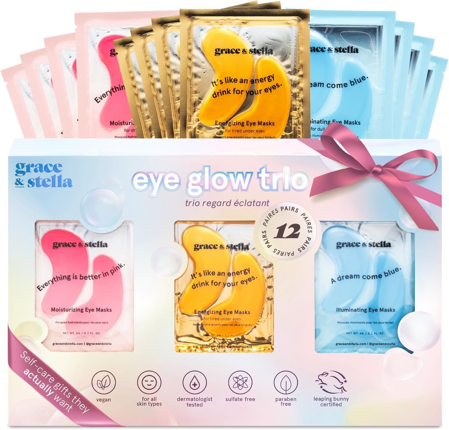 Grace & Stella under-eye patches packaging highlights holiday gift-set and vegan branding.