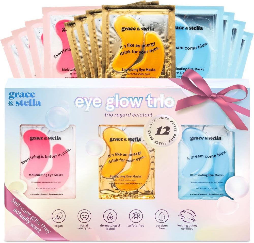 Grace & Stella under-eye patches packaging highlights holiday gift-set and vegan branding.