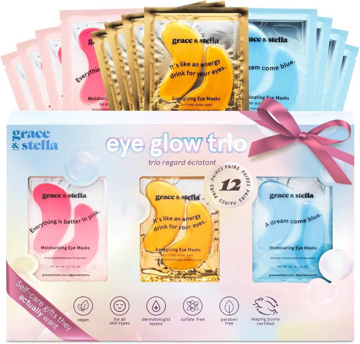Grace & Stella under-eye patches packaging highlights holiday gift-set and vegan branding.