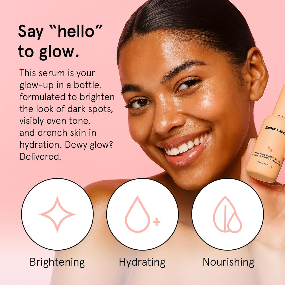 Grace & Stella Vitamin C Serum application pump demonstrates easy, hydrating use.