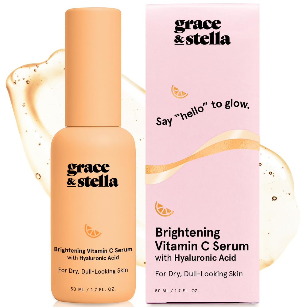 Grace & Stella Vitamin C Serum bottle close-up highlights brightening benefits for radiant skin.