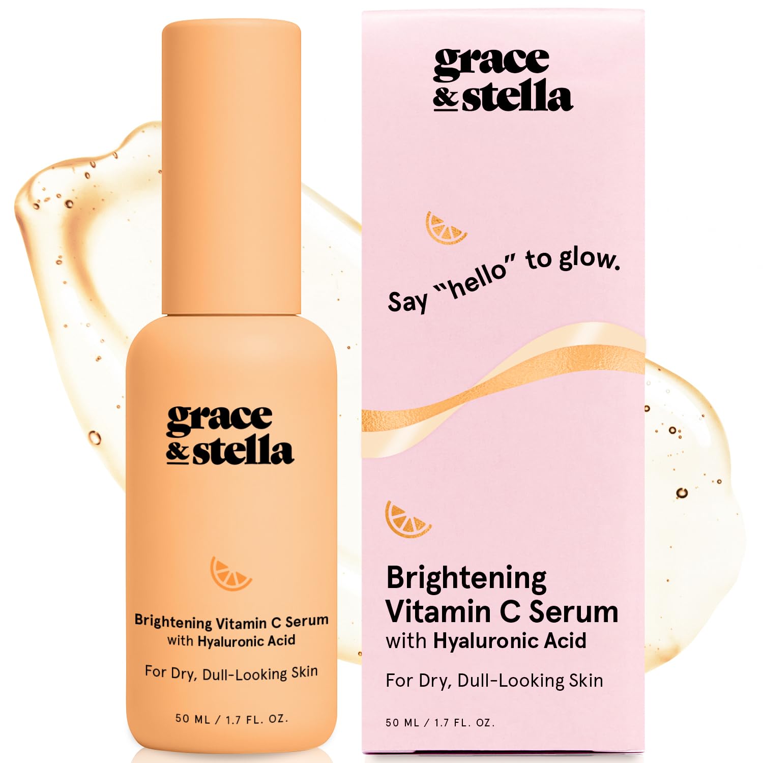 Grace & Stella Vitamin C Serum bottle close-up highlights brightening benefits for radiant skin.