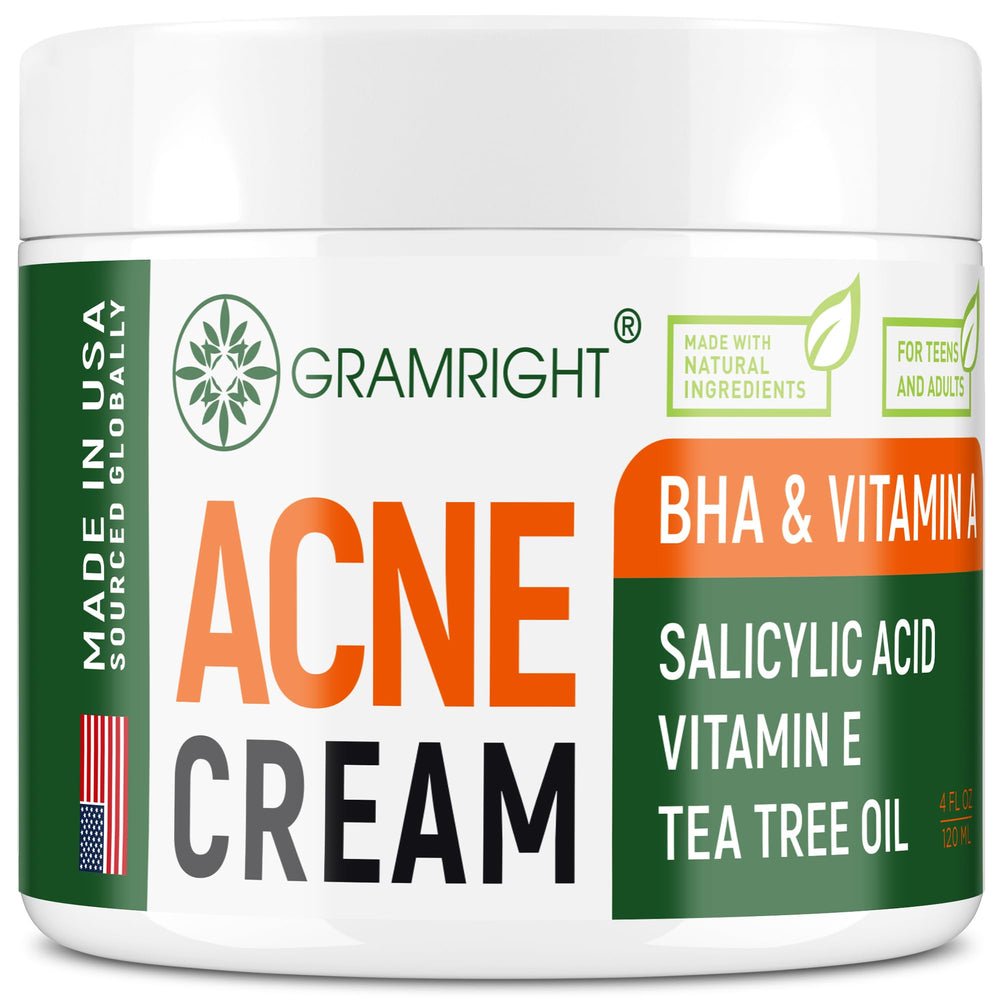 GRAMRIGHT acne-face-cream bottle with tea tree oil for clearer, hydrated skin.