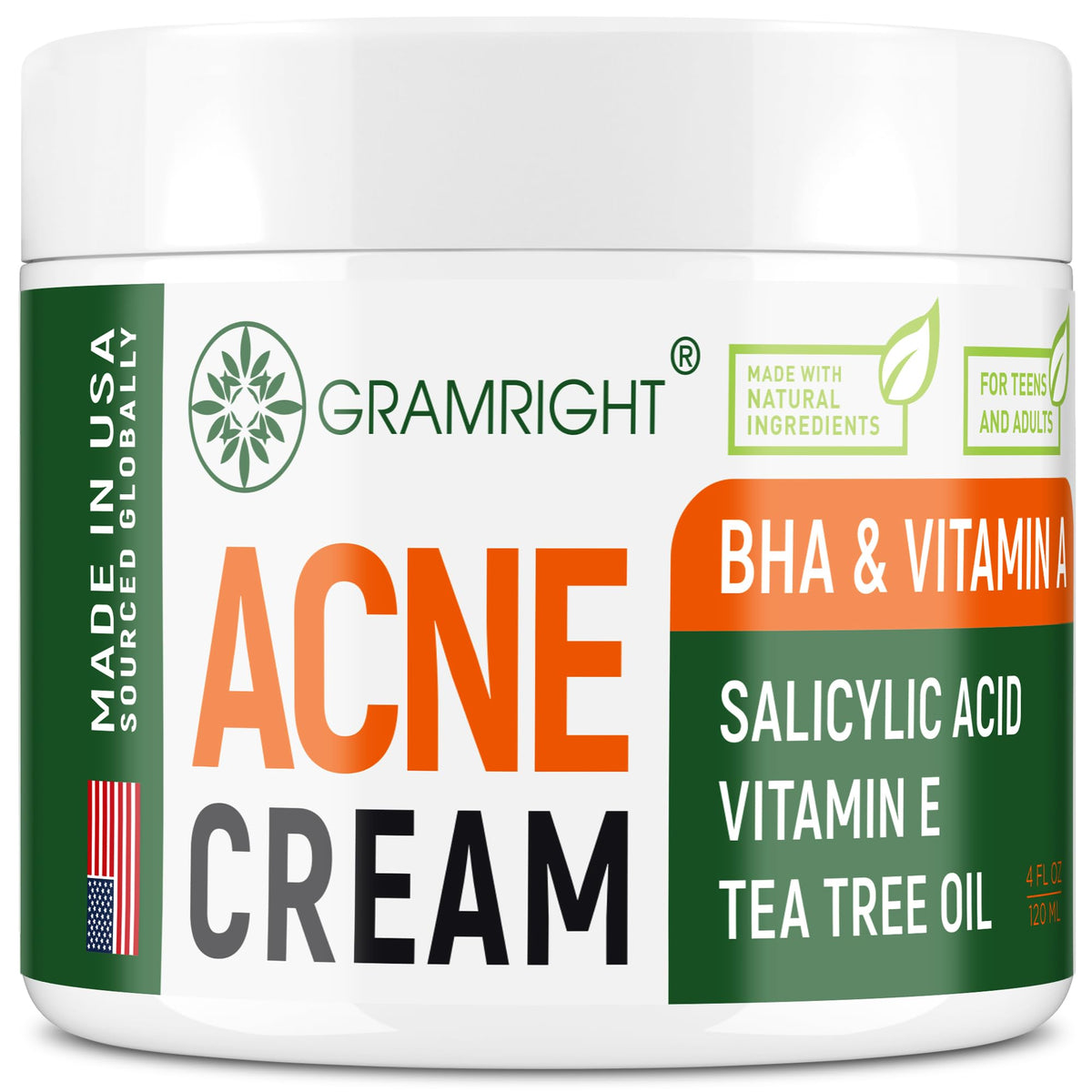 GRAMRIGHT acne-face-cream bottle with tea tree oil for clearer, hydrated skin.