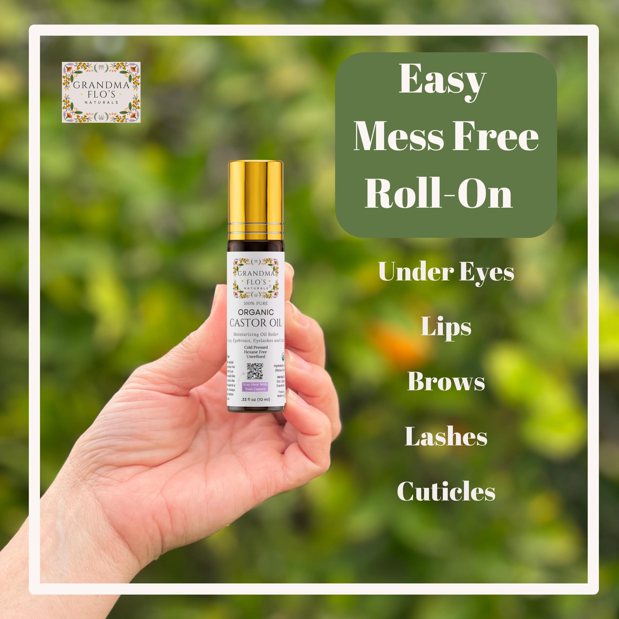 Grandma Flo's Naturals castor oil roll-on amber glass preserves freshness