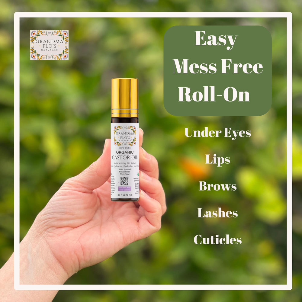 Grandma Flo's Naturals castor oil roll-on amber glass preserves freshness