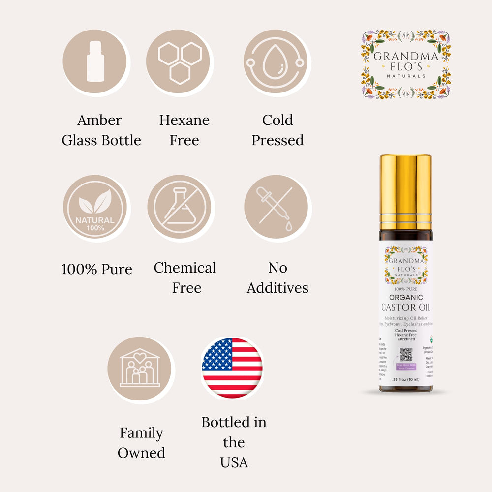 Grandma Flo's Naturals castor oil roll-on bottle with clean applicator