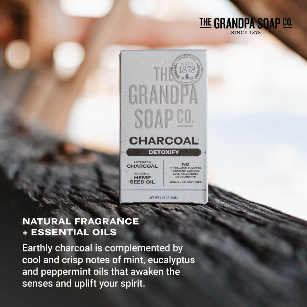 The Grandpa Soap Company charcoal bar soap communicates pore clarity with cooling mint aroma.