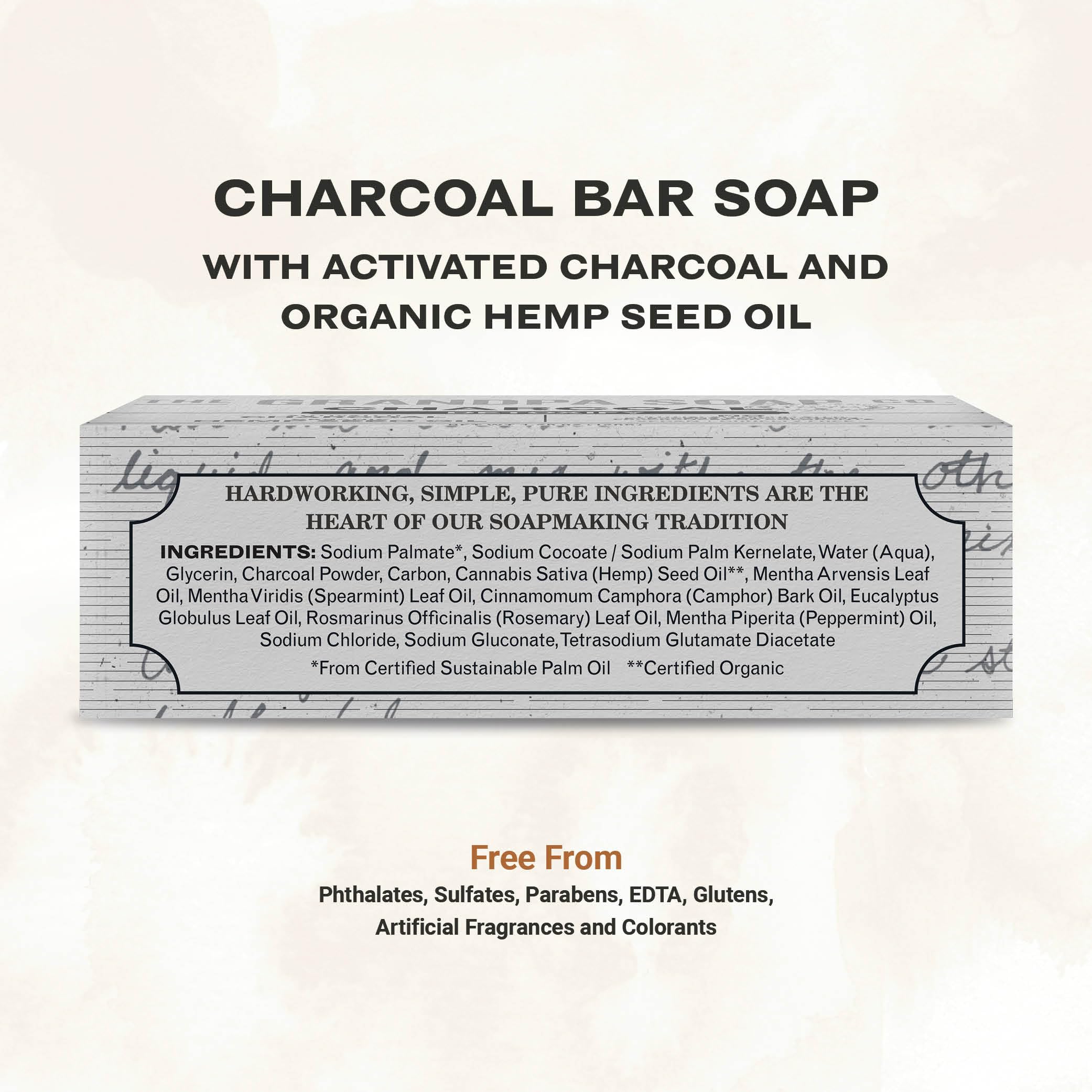The Grandpa Soap Company charcoal bar soap shows hemp seed oil for nourished skin.