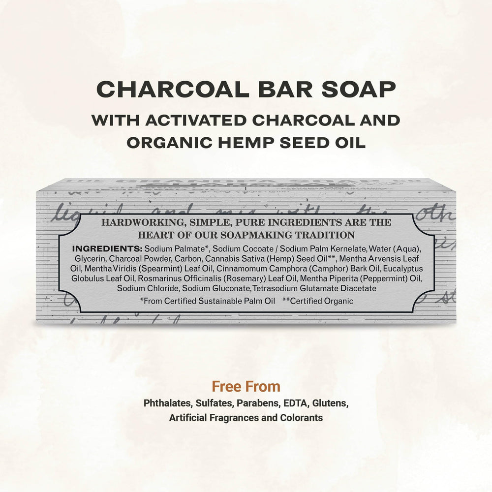 The Grandpa Soap Company charcoal bar soap shows hemp seed oil for nourished skin.