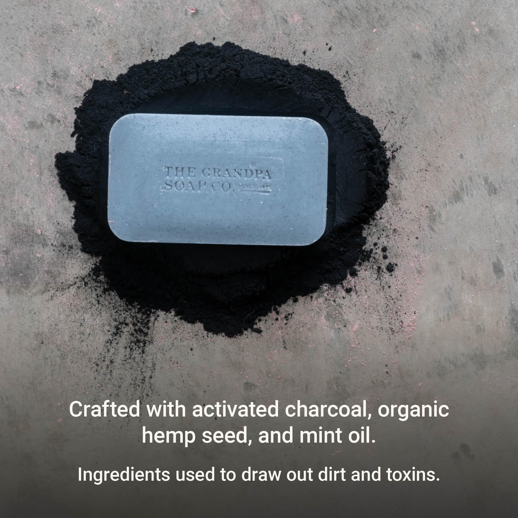 The Grandpa Soap Company charcoal bar soap with mint oil offers refreshing cleansing.