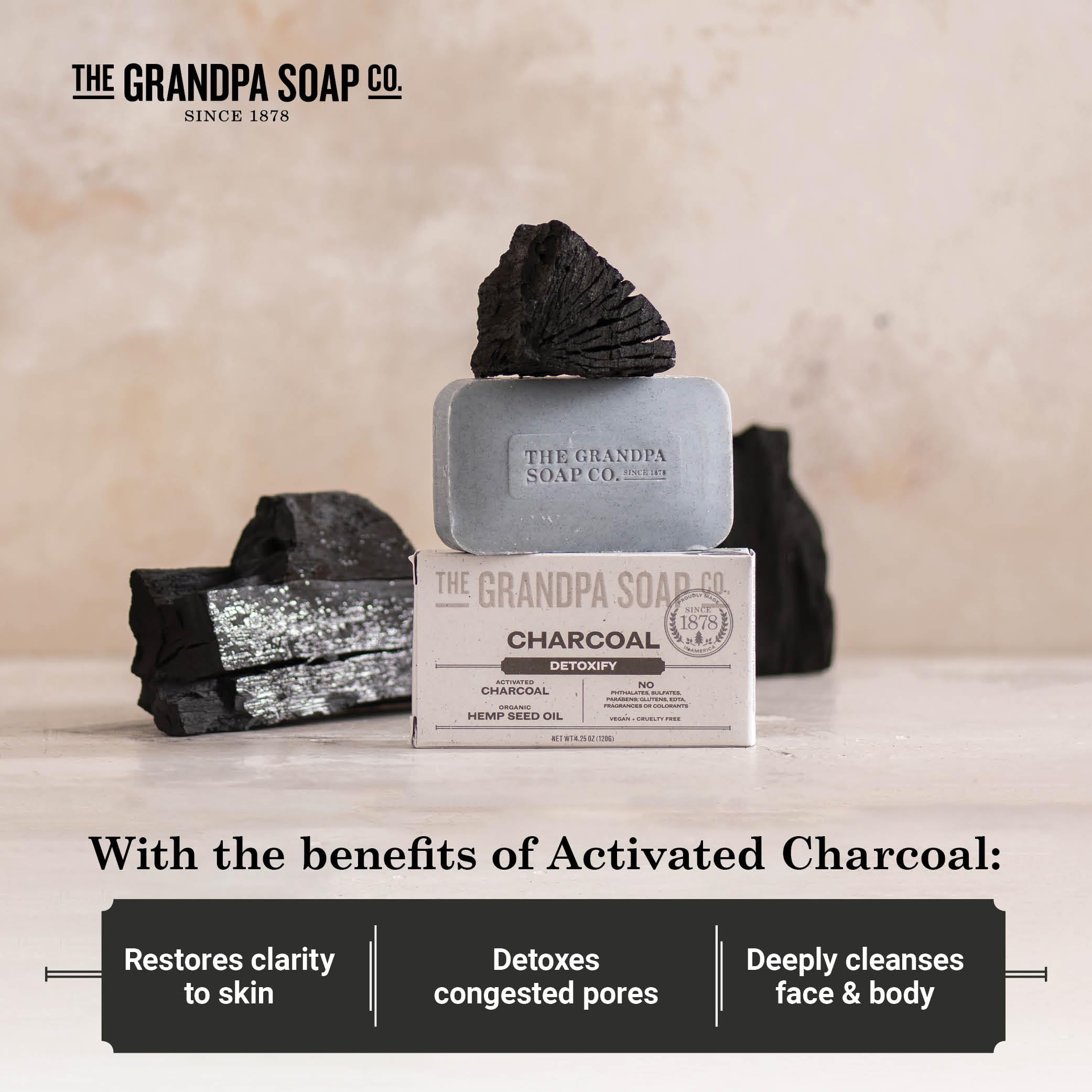 The Grandpa Soap Company charcoal bar soap features steam-activated charcoal for deep-clean pore draw.
