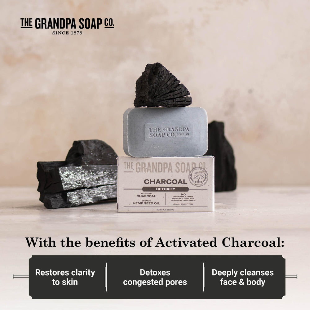 The Grandpa Soap Company charcoal bar soap features steam-activated charcoal for deep-clean pore draw.