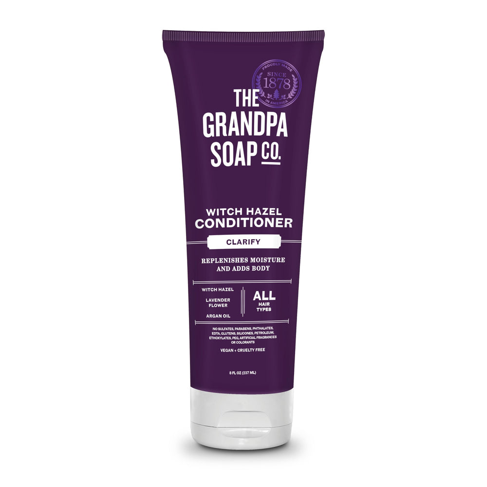 The Grandpa Soap Company clarifying witch hazel conditioner pour bottle shows scalp refreshment and buildup protection.